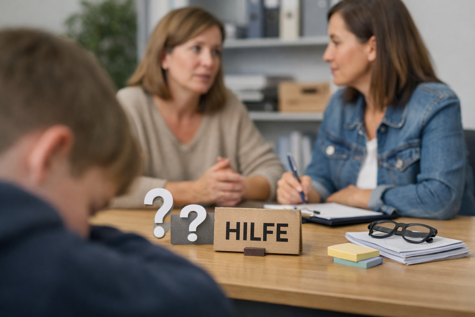 Zwei Frauen beraten an einem Tisch sitzend über einen Fall. Auf dem Tisch steht ein Schild mit der Aufschrift "Hilfe". Die Kamera schaut über die Schulter eines Jungen, der seinen Kopf in den Armen vergraben hat.