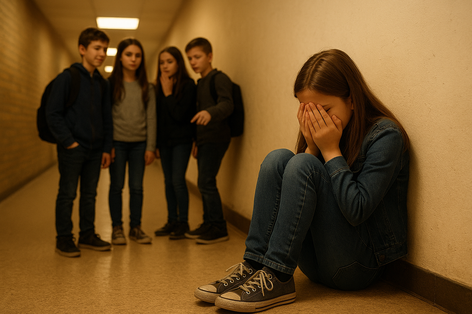 Ein Mädchen sitzt auf einem Schulflur auf dem Boden und vergräbt das Gesicht in ihren Händen. Dabei wird sie von einer Schüler:innen-Gruppe beobachtet.