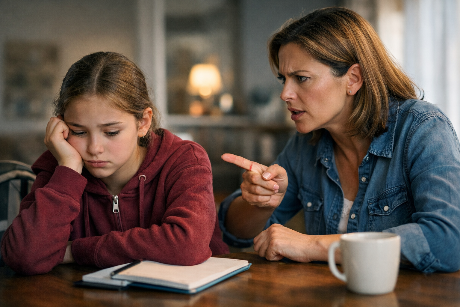 Mutter und Tochter sitzen zusammen an einem Tisch. Die Tochter stützt ihren Kopf auf ihre Hand und schaut traurig, während die Mutter in einer schimpfenden, belehrenden Position ist,