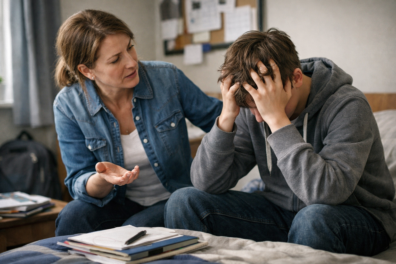 Mutter und Sohn sitzen zusammen auf einem Bett. Der Sohn hat seinen Kopf in seinen Händen vergraben, während die Mutter neben ihm sitzt und eine Hand auf seine Schulter legt.