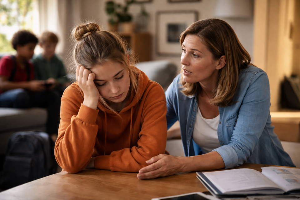 Mutter und Tochter sitzen zusammen am Tisch. Die Tochter stützt ihren Kopf auf ihre Hand während die Mutter versucht, aufdrängend mit ihr zu reden.