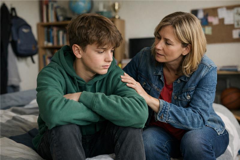 Mutter und Sohn sitzen zusammen auf dem Bett. Der Sohn schaut betrübt zu Boden, während die Mutter eine Hand auf den Arm des Sohnes legt und versucht, ihn zu trösten.