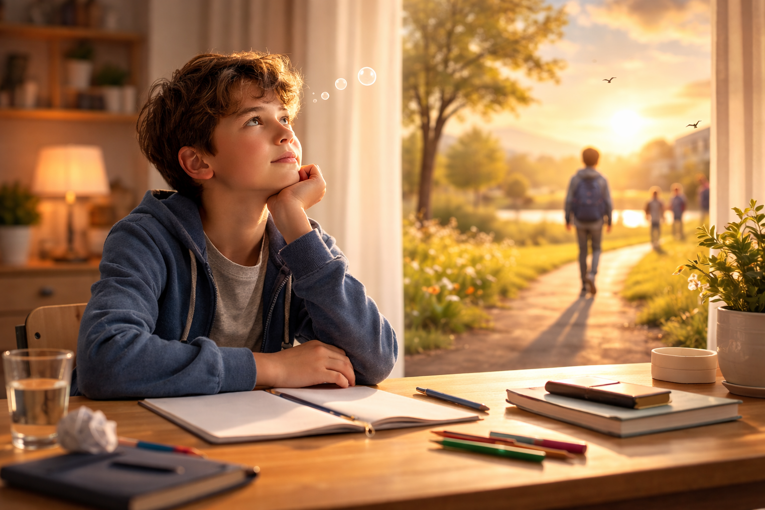 Ein Junge sitzt an seinem Schreibtisch in seinem Zimmer und denkt nach. Seine Gedankenwelt ist hinter einem Vorhang abgebildet und zeigt eine sichtbar glücklichere Form seiner selbst auf dem Weg in die Schule.
