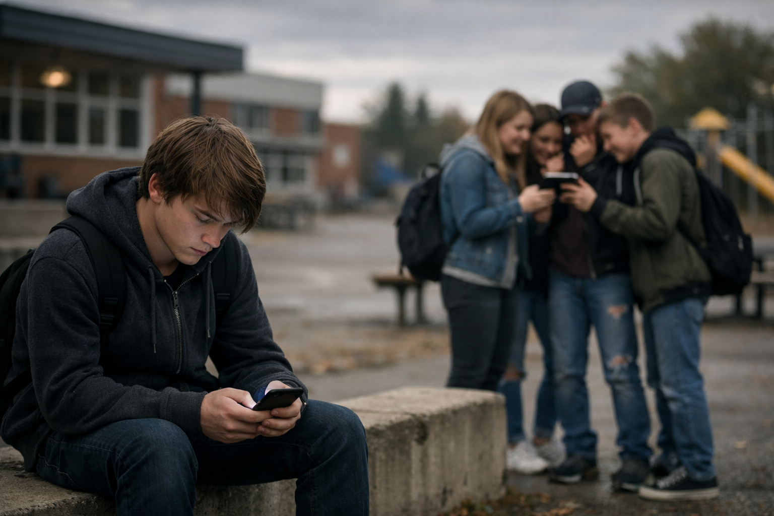 Ein Junge sitzt alleine mit einem Handy in der Hand auf dem Schulhof. Im Hintergrund ist eine lachende und tuschelnde Runde an Schüler:innen zu sehen, die sich über ein anderes Handy beugen.
