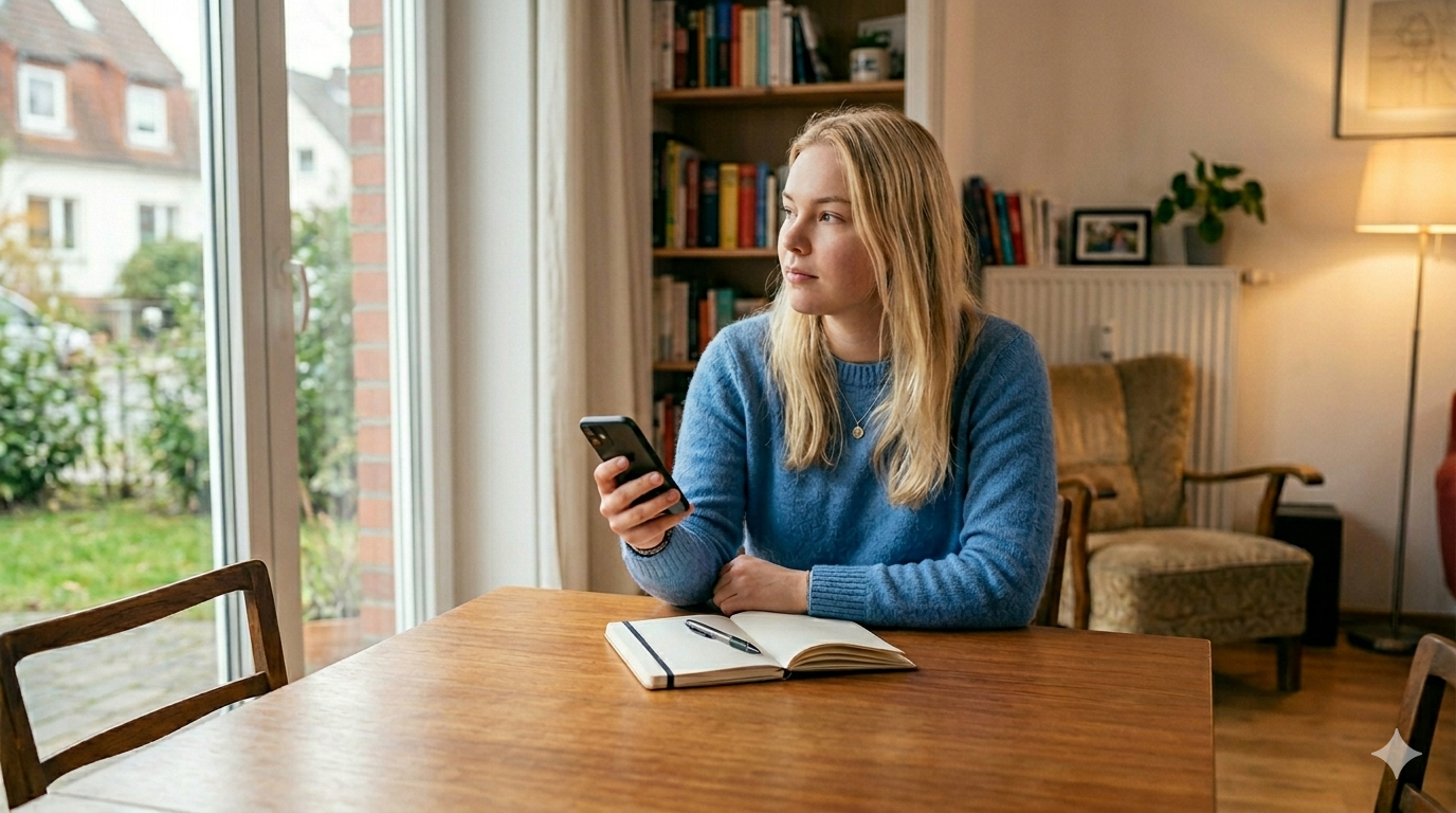 Eine junge Frau hat ein Handy in der ´Hand und schaut nachdenklich aus dem Fenster.