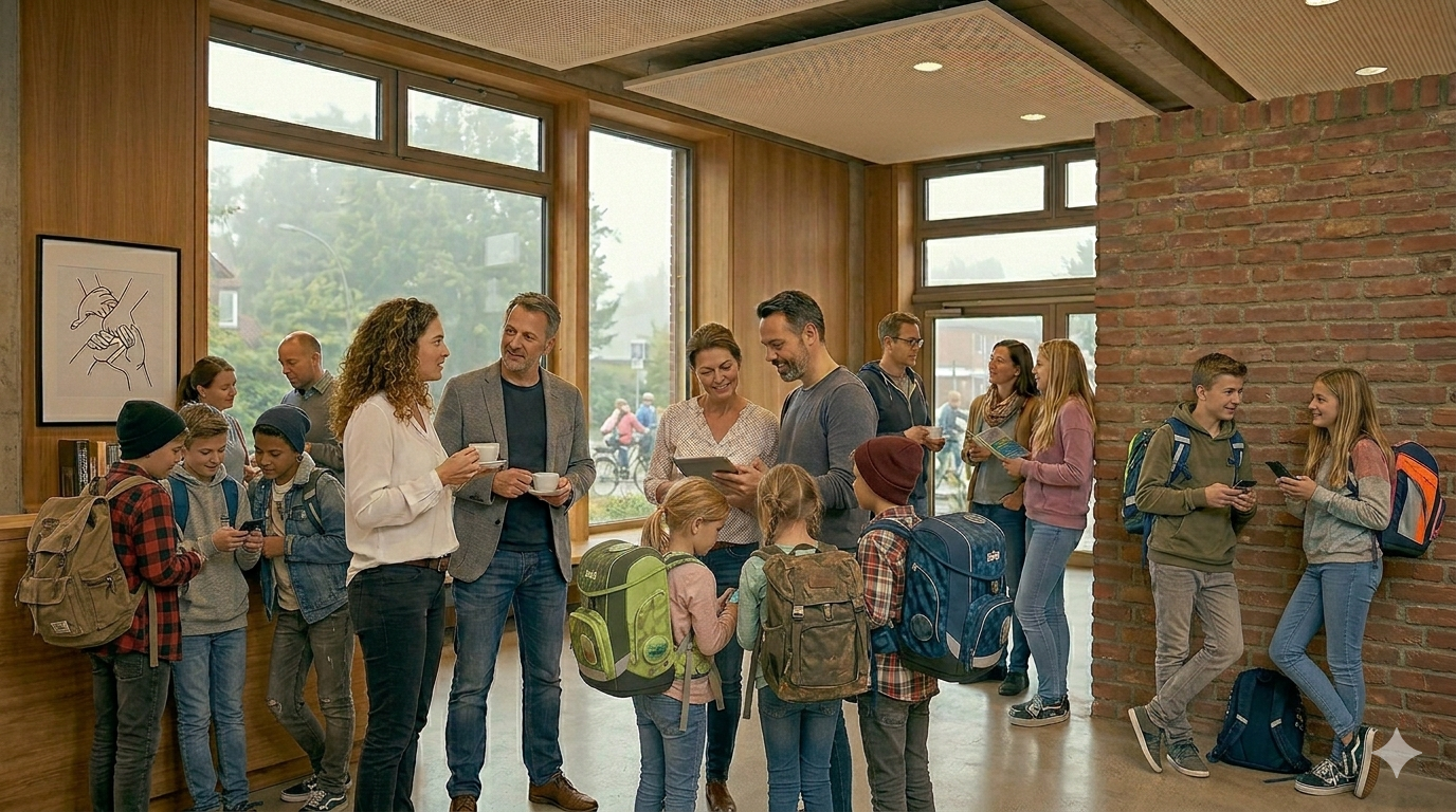 Eltern und Kinder unterhalten sich in der Schulaula.