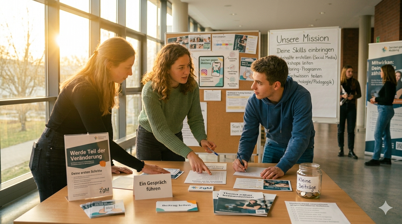 Junge Menschen besprechen sich an einem Info-Stand.