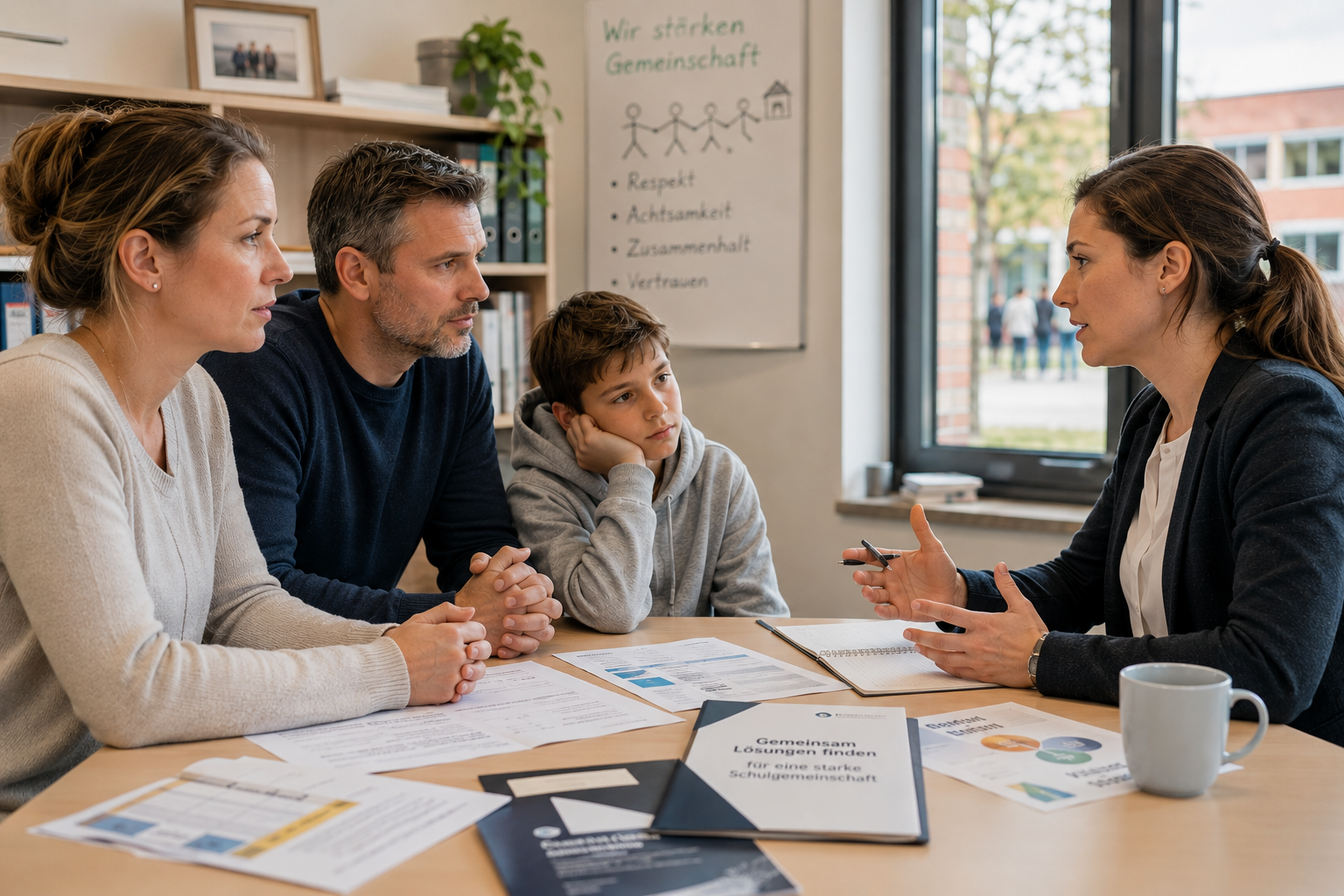 Eltern und Kind sitzen gemeinsam mit Beraterin am Tisch und unterhalten sich